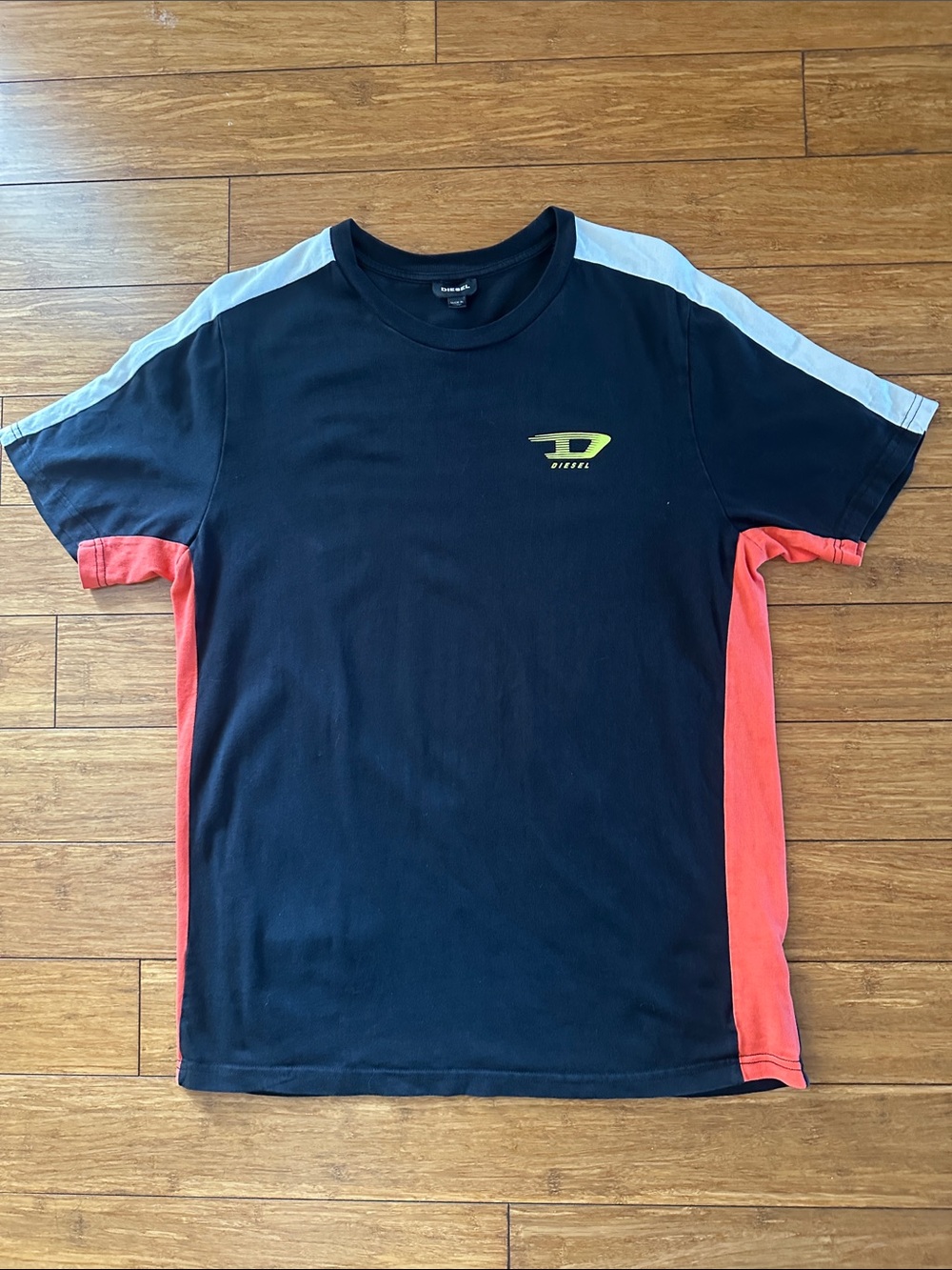Diesel Black T-Shirt with Coral Side Panels and White Shoulder Stripes